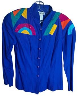 Vintage 80s 90s Cobalt Blue Colorblock Beaded Art to Wear Button Down Blouse